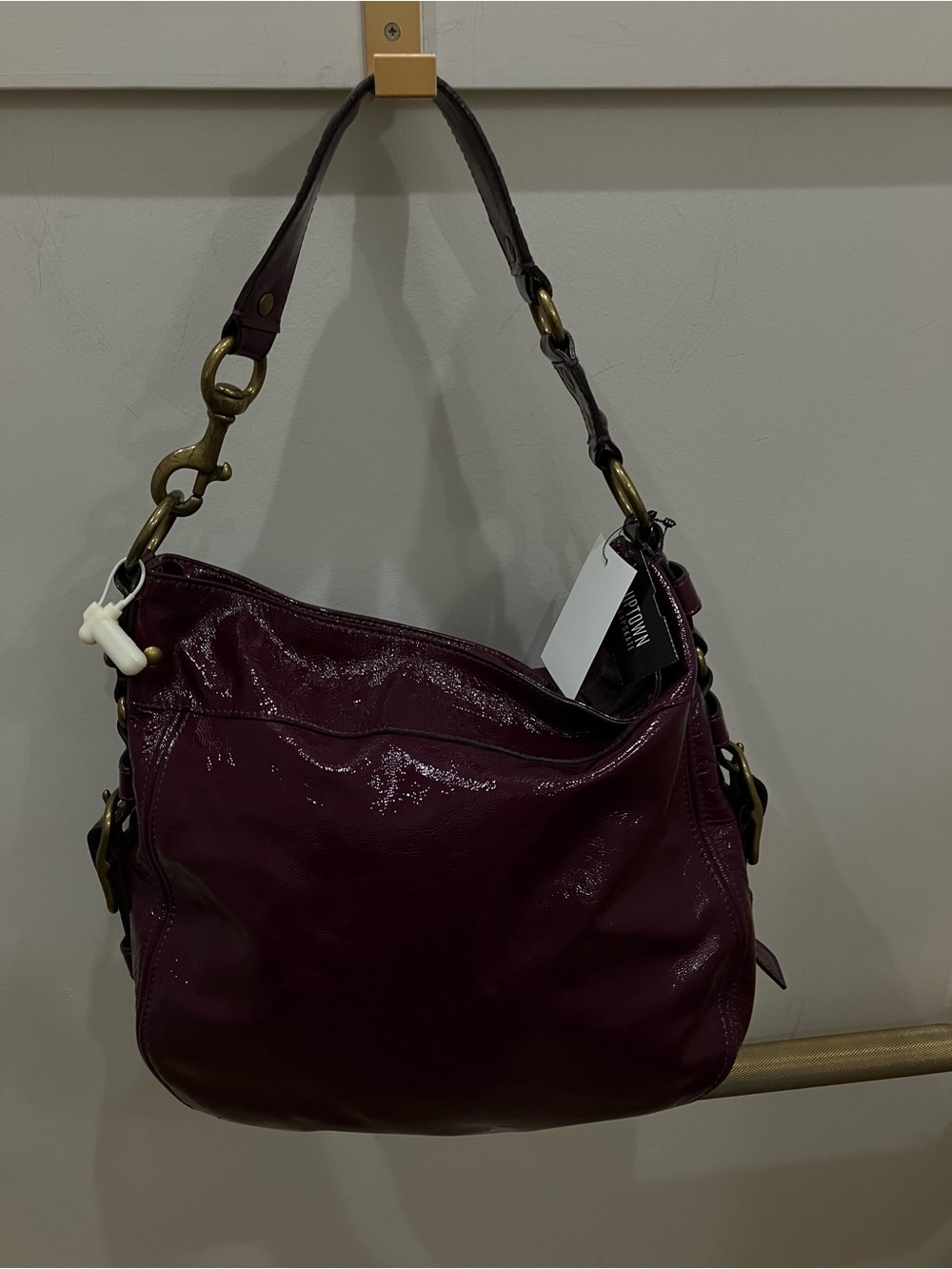 Coach Patent Burgundy Leather Shoulder Bag with Brass Hardware